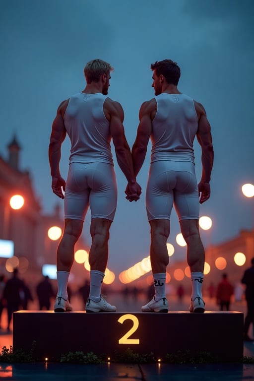 deux hommes blonds muscle viril et poilu en tenue de cycliste professionnelle en lycra blanc de l'équipe MOX tres moulante sont sur un podium olympique, il fait presque nuit, il a du public autour, ils se touchent les fesses
