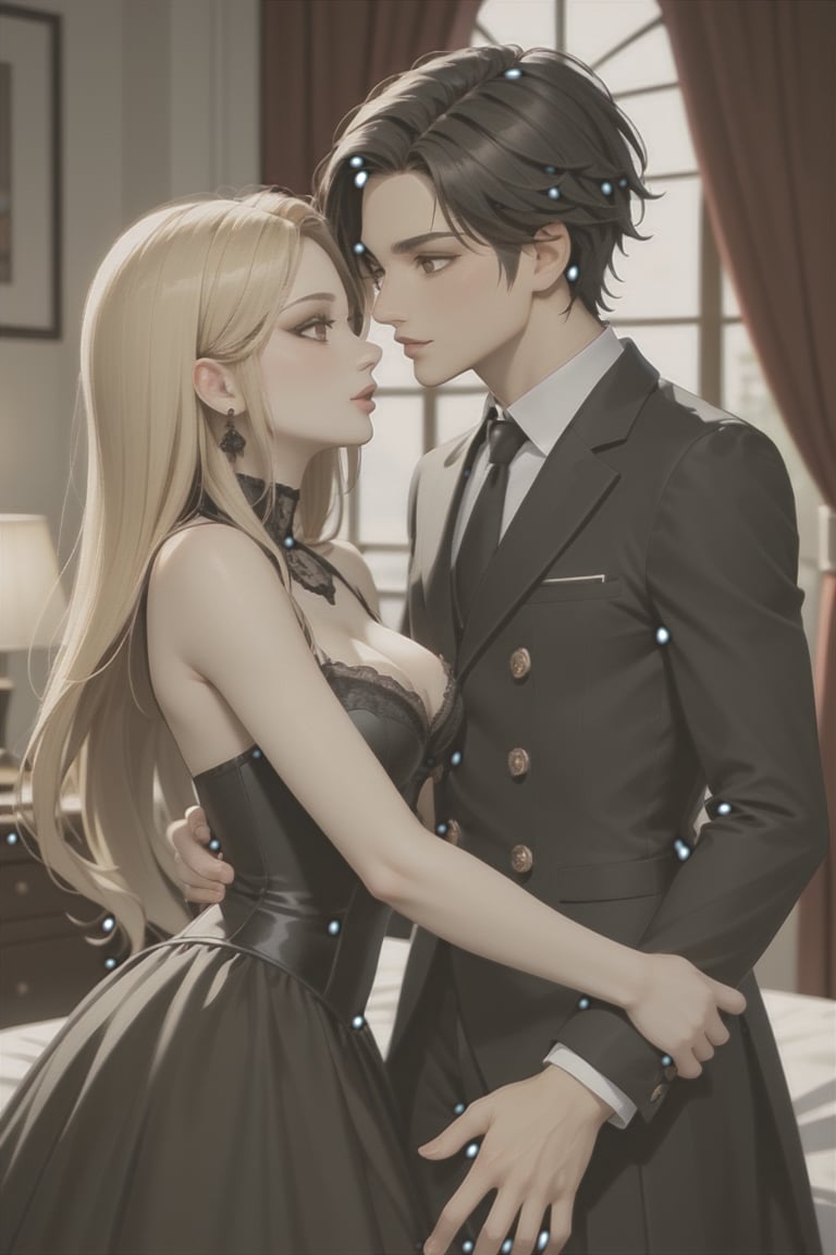 Highly detailed, high quality, masterpiece, beautiful, 
A boy (white with brown eyes, thick jaw, black hair) and a girl (long hair, blonde, brown eyes, small). gothic couple, modern, white, black clothing,