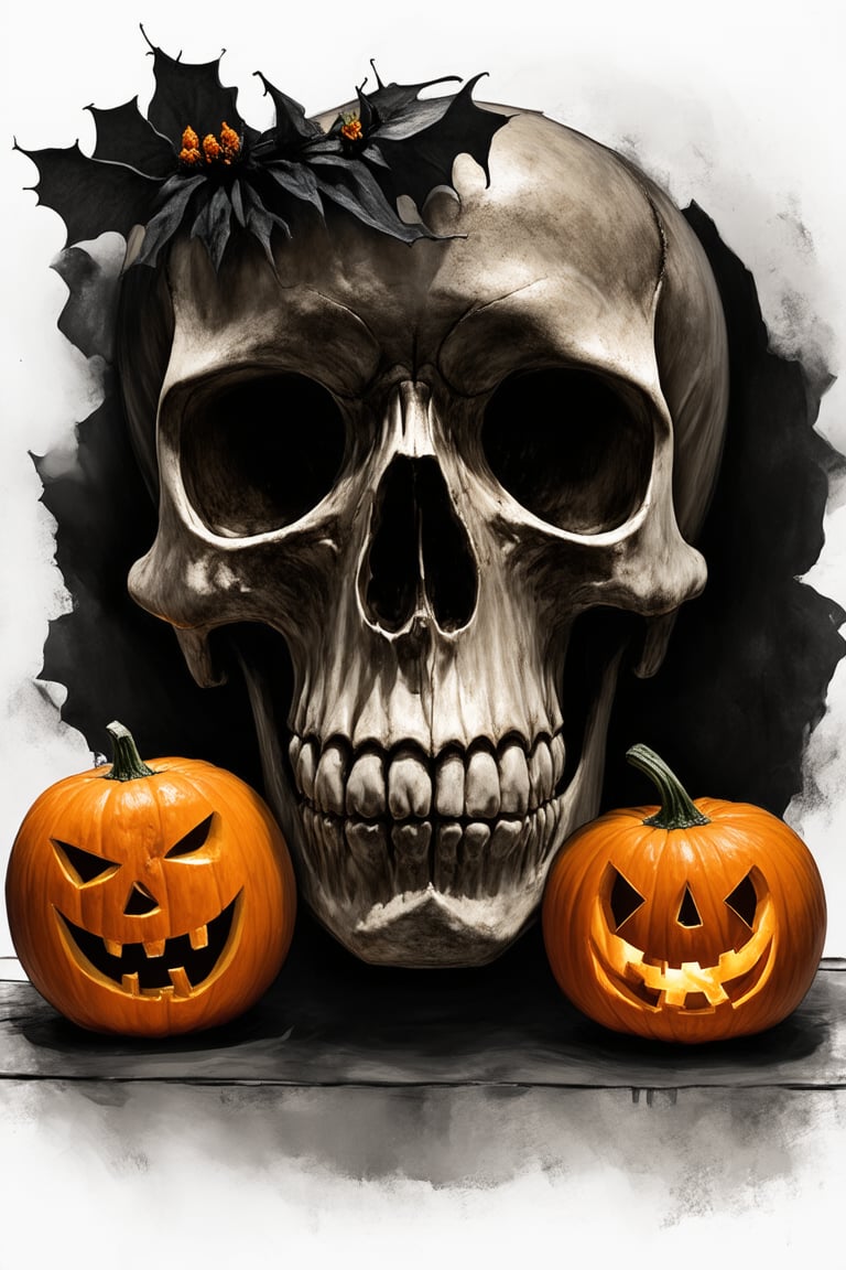 a detailed drawing of a realistic big skull accompanied by two halloween pumpkins on the left and right, the image is in the center of the frame, the edges fade into the white background