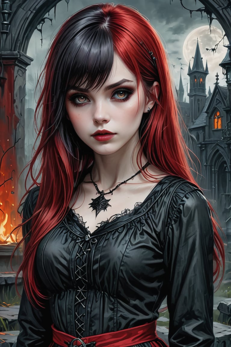 (best quality, 4K, 8K, high-resolution, masterpiece), sharp,ultra-detailed, realistic, photorealistic, woman, long hair, looking at viewer, colored hair, bangs, pale skin, emo, goth, gothic girl, spooky background, red top