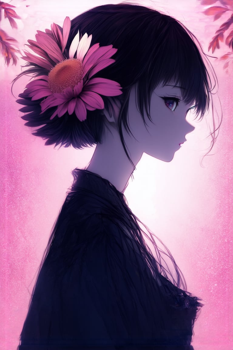 anime style,
masterpiece,silhouette of a woman in profile. Inside the silhouette you can see the double exposure with a flower, masterpiece, ((double exposure)), proportional