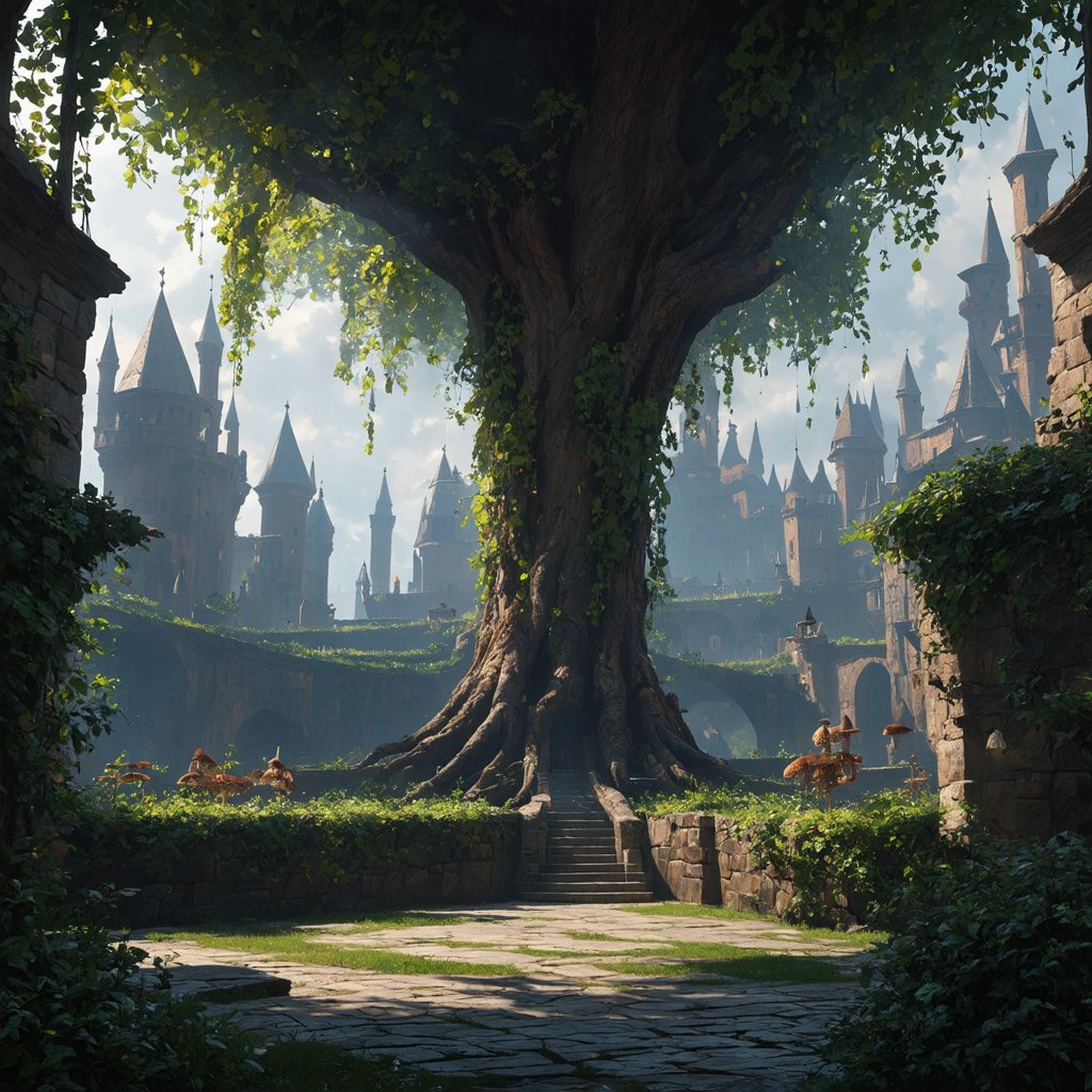 A big beautiful old tree,  8k,  magical fantasy hanging medieval city buildings with minarets in a fantastical vast expans...