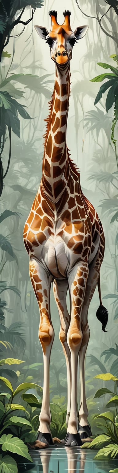 surreal giraffe in jungle, long neck, really really long neck