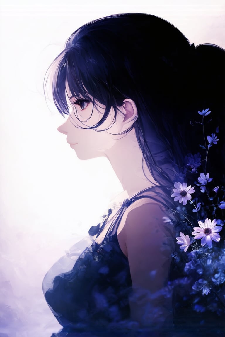 anime style,
masterpiece,silhouette of a woman in profile. Inside the silhouette you can see the double exposure with a flower, masterpiece, ((double exposure)), proportional