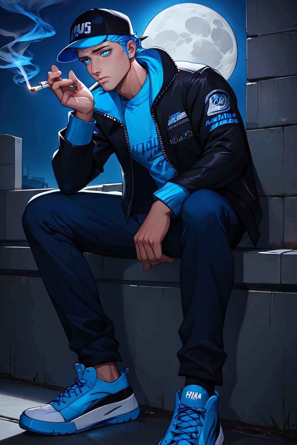 very detailed, high quality, masterpiece, beautiful (mid-length shot), 1 man alone, inFAMOUS: SECOND SON,sad,thoughtful,smoking,relaxed,with blue fire powers,(blue eyes),black jacket, T-shirt black, pants, black cap, black sneakers jordan,Leaning on a wall,under the night in a full moon.