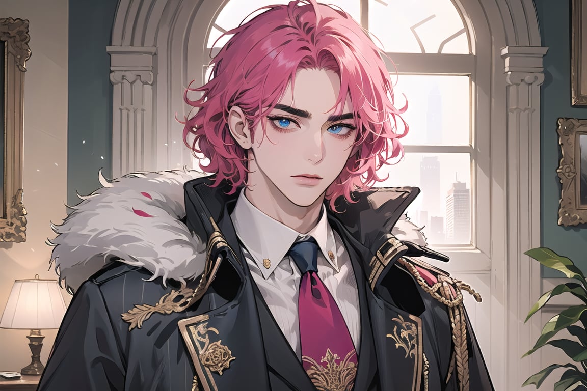 (((Fuchsia hair))), ((thick eyebrows)), ((Medium score)), To reveal the forehead, ((Split head)), ((messy hair)), ((wavy curly hair)), short hair, blue eyes, mature,1man, mature, handsome, angular jaw, thick neck, serious, ready for battle, jacket, upper body, male focus, uniform, (Morning Coat:1.3), long sleeve, by Raphael, masterpiece, upper body shot, magnificent indoor hall
