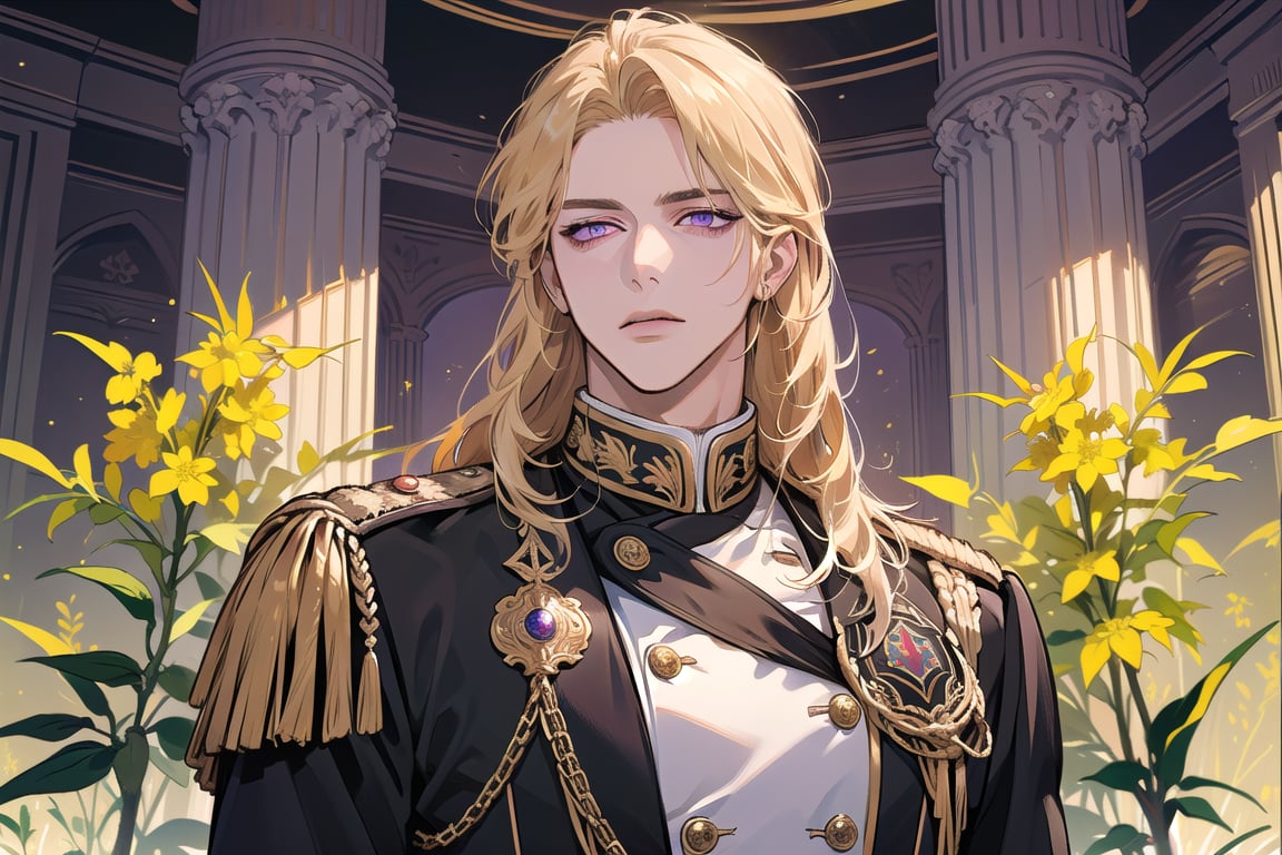 1man, mature, ((Goldenrod hair)), ((long coli hair)), (((half-down))), ((purple eyes)), mature, ((Medium score)), To reveal the forehead, handsome, angular jaw, thick neck, serious, ready for battle, royal, prince, upper body, male focus, (milatary uniform:1.3), long sleeve, by Raphael, masterpiece, upper body shot, magnificent indoor hall