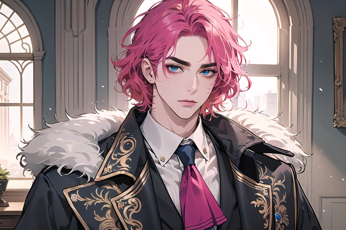 (((Fuchsia hair))), ((thick eyebrows)), ((Medium score)), To reveal the forehead, ((Split head)), ((messy hair)), ((wavy curly hair)), short hair, blue eyes, mature,1man, mature, handsome, angular jaw, thick neck, serious, ready for battle, jacket, upper body, male focus, uniform, (Morning Coat:1.3), long sleeve, by Raphael, masterpiece, upper body shot, magnificent indoor hall
