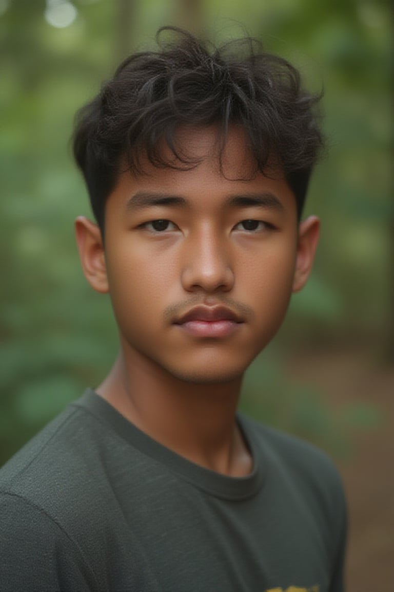 Create a high-quality image, extreme detail face, intricate detail, depth of field, ultra definition, extreme realism, real life, realistic image, high-quality lighting, 16k UHD, half body portrait shot, Silverjow style, , tanned Photogenic Latino Syahnk,Handsome teenage boy,  beautiful background. In the forest as  Brazilian male facing camera,hairymale, wearing casual clothes 