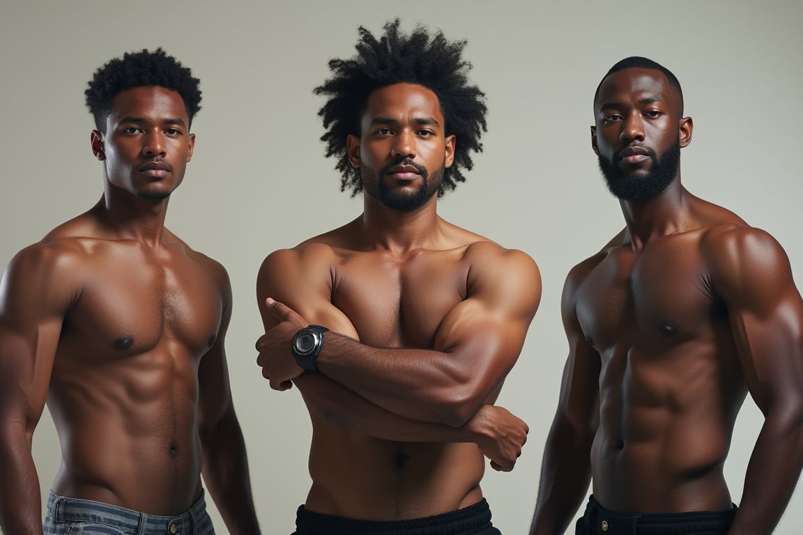 Photo of  3 person in left,middle and right, the middle is where Syahnk and muscular man getting merged each other and form new person , left side is Syahnk, right side is African Syahnk, and the middle is merged version from left and right side of image 