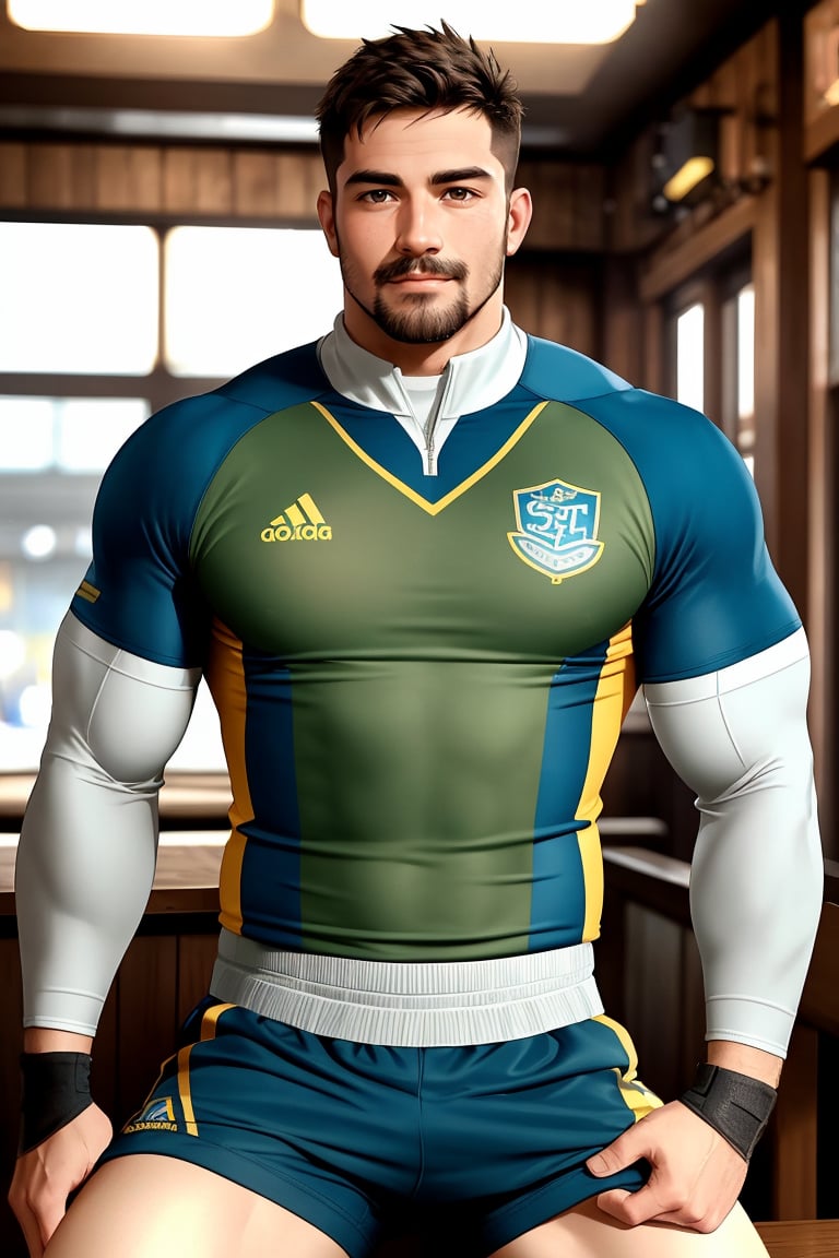 syahnk as  muscular Ryder, a rugged individual with  facial hair and short hair, sits proudly at the pub, surrounded by the warm glow of golden lighting. His rugby shirt and shorts are perfectly rendered in exquisite detail, as if seen through a high-definition lens. Faded team mates mingle softly in the background, their faces blurred to emphasize Ryder's central presence. The matte finish enhances the overall realism, inviting viewers to step into this epic scene.,jaeggernawt,photorealistic