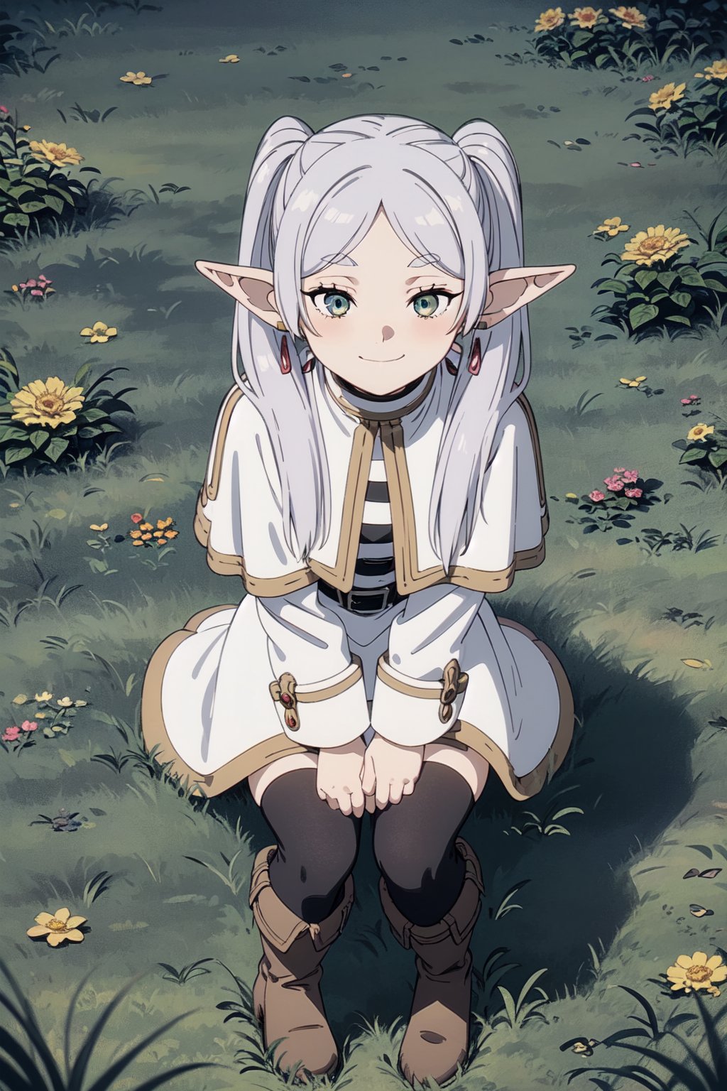 4k, fine detail, masterpiece, high quality eyes, little_boobies, perfect light, soft shadows, best character art, frieren, 1girl, long hair, pointy ears, twintails, jewelry, elf, earrings, parted bangs, flower, smirk, blushing, laying in grass, black stockings, boots, full body view 