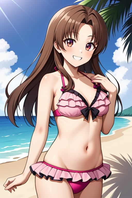 source_anime, aatakagi, solo, long hair, brown hair, parted bangs, frilled bikini, pink bikini, , standing, cowboy shot, smile, beach, straight-on, 