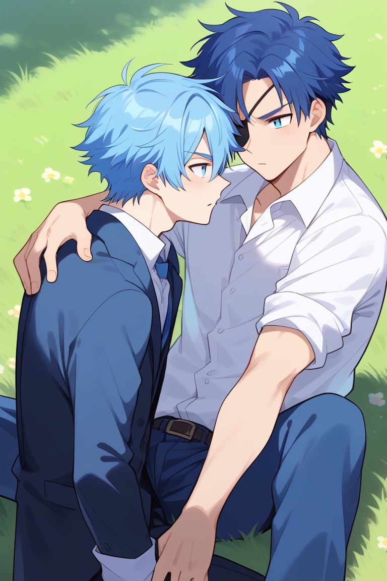 Boy, blue hair, grass head, eyepatch, suit, shirt, sleeves rolled up.