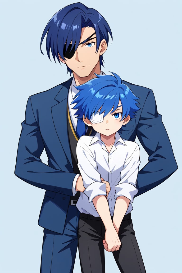 child, short spiked hair, blue hair, suit, shirt, male, around 14 years old, sleeves rolled up, one eye with an eyepatch,kronos