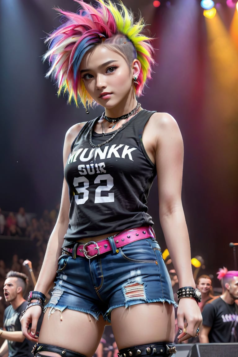 punk girl mohowk hair, colourfoul hears, realistic, full_body, fully_clothed, on the concert