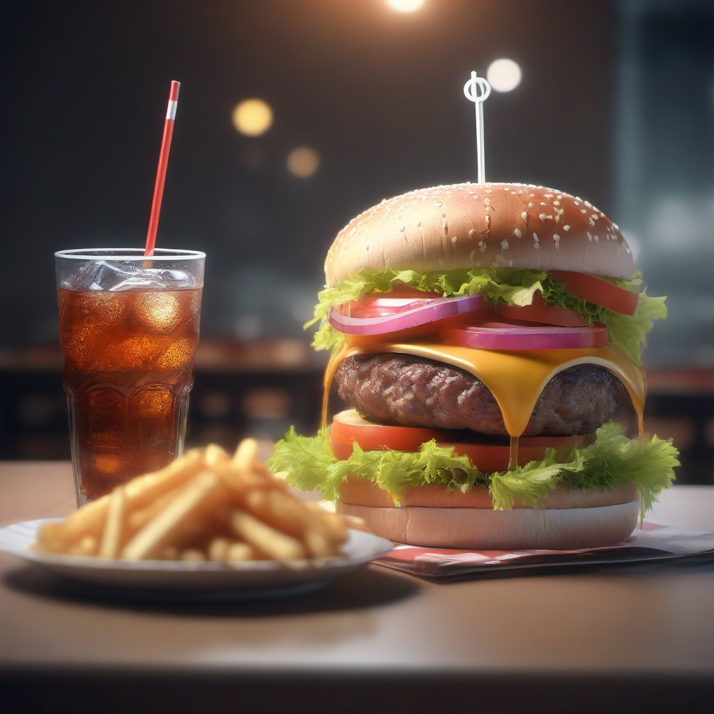 Food, juicy hamburger, on the table, looking good, soda drink and snaks next to it, 