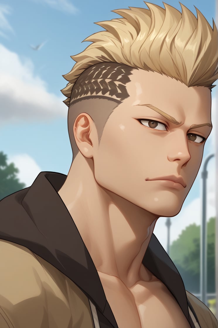 1Guy, uncensore, muscle, defined eyes, symmetrical eyes, amazing quality, best aesthetic, (Blonde hair), brown highlights, mohawk hair, shaved black, (brown dark eyes), solo, BREAK, oversized, wide pants, BREAK, park, 