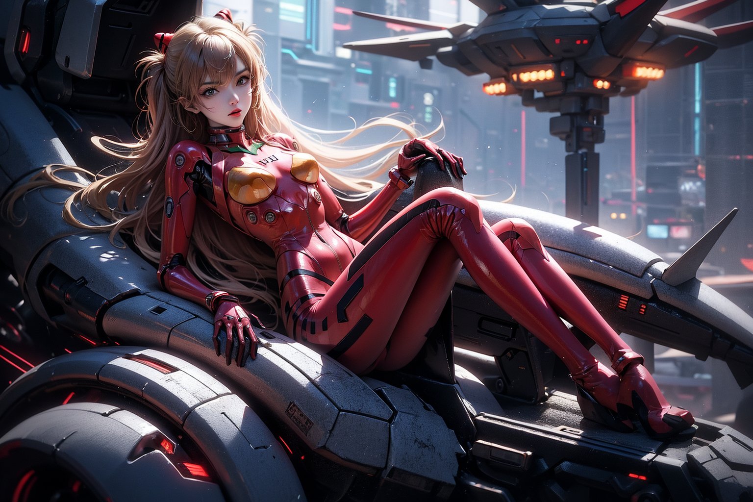 Asuka Langley a spaceship pilot in a latex suit with robotic limbs, laying down in a pod, in a cyberpunk setting, cyborg, implants, high details, realistic, photorealism, 8k,souryuuasukalangley