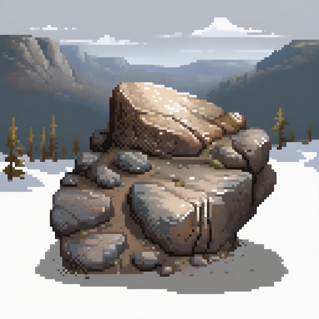 A solitary rock rests majestically in the middle center of a white background, its rugged texture and natural contours serving as a striking focal point. Softly lit from above, the rock's surface appears weathered and worn, inviting the viewer to ponder its journey to this serene yet dramatic setting, pixel style, rough, artistic oil painting stick, game item, icon