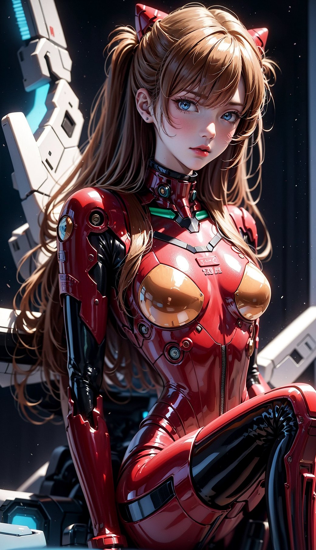 Asuka Langley a spaceship pilot in a latex suit with robotic limbs, laying down in a pod, in a cyberpunk setting, cyborg, implants, high details, realistic, photorealism, 8k,souryuuasukalangley