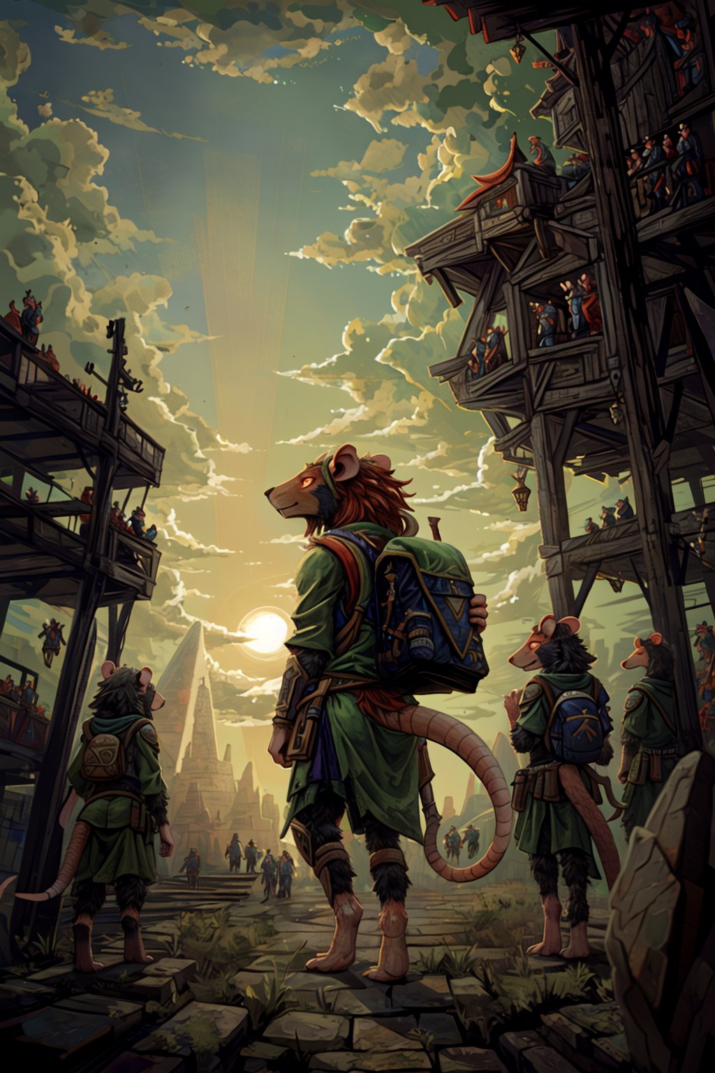 closeup, ((((multiple people)))), ((skaven1)) 1boy, red fur, ninja armor, carrying backpack, ((skaven1)) 1girl, black fur, green kimono, standing casually, big puffy clouds, dawn, morning light, several pyramids far below, 