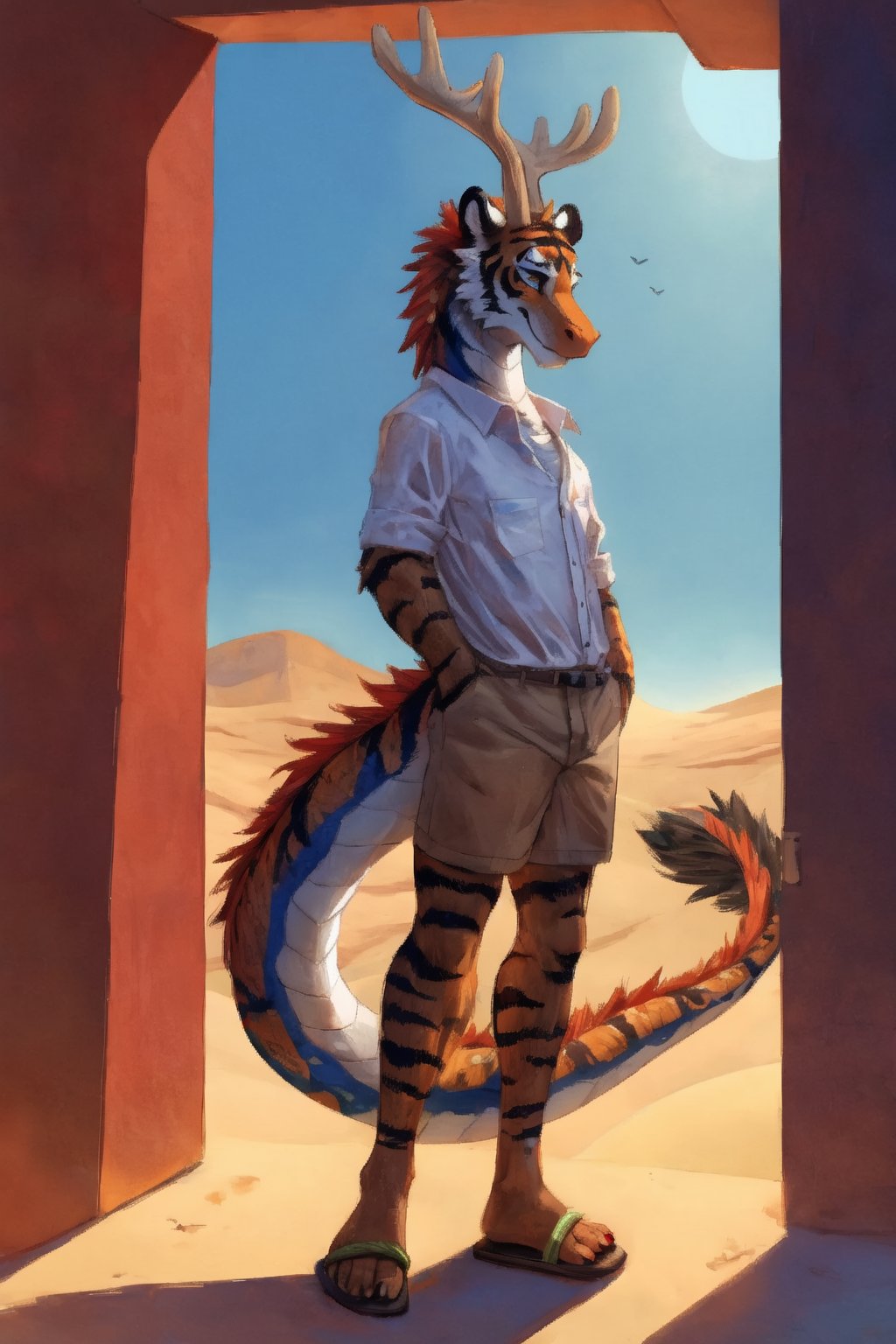 ((closeup)), ((solo)), anthro, 1boy, (emerald tree boa and siberian tiger dragon), with a narrow, long muzzle, big tiger ruff, big fluffy tiger ears, big skull, with long white moose antlers, eastern dragon style, facing viewer, standing, hands in pockets, (black button-down shirt), tan shorts, sandals, California desert valley, wind blowing, hills, sunny day