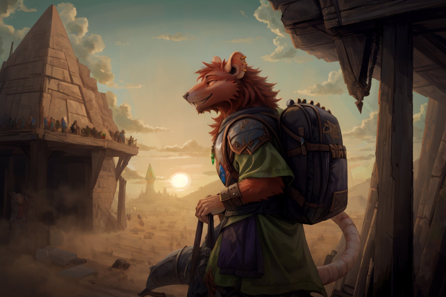 closeup, ((((two people)))), ((skaven1)) 1boy, red fur, ninja armor, carrying backpack, next to him is ((skaven1)) 1girl, black fur, green kimono, standing casually, big puffy clouds, dawn, morning light, several pyramids far below, 