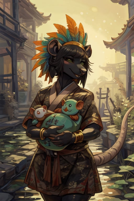 closeup,((furry)),((skaven1)) 1girl,((very black skin)), ((very dark skin)), saffron colored summer dress, open green kimono worn around shoulders, white bracelet, feather headdress, striking features, high nose bridge, doe eyes, sharp jawline, plump lips, hourglass figure, hairband, stands relaxed, soft smile, ((cuddling a warpstone doll)), standing straight ahead,((facing viewer)),Chinese garden in background,pond behind her, filled with koi fish