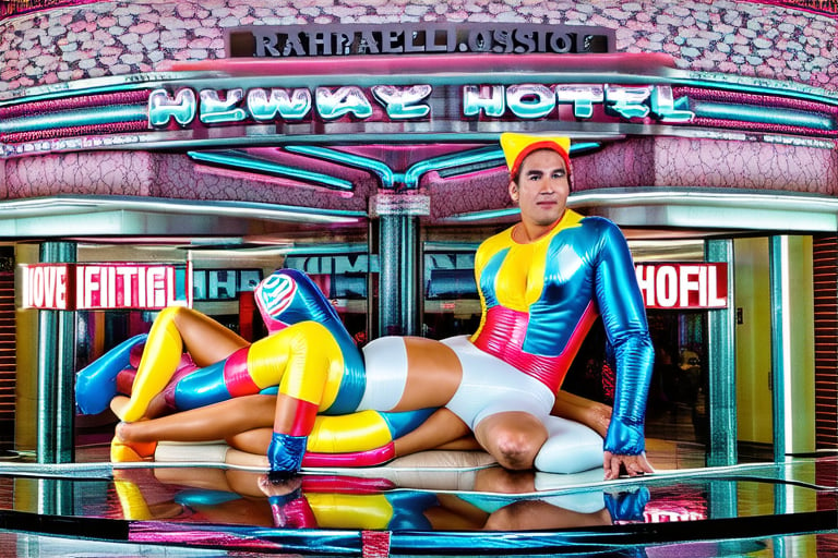 An award winning museum quality Photograph, of a man and a woman wearing multi-colored inflatable outfits, in a funky love hotel having sexual intercourse, well lit cinematic lighting, complex shadows, extremely detailed , hotshoe flash on subject, text reads:"love hotel" , 1990s Photoshop 
style, in the style of Raphael, 