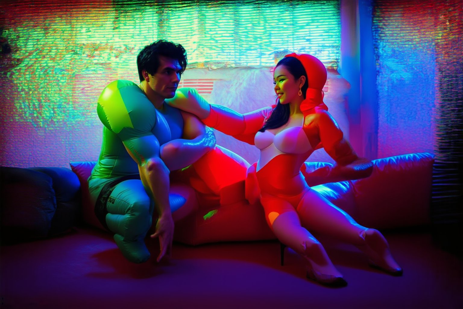 An award winning journalist Photograph, of a man and a woman wearing multi-colored inflatable outfits, in a funky love hotel having sexual intercourse, well lit cinematic lighting, complex shadows, extremely detailed , hotshoe flash on subject