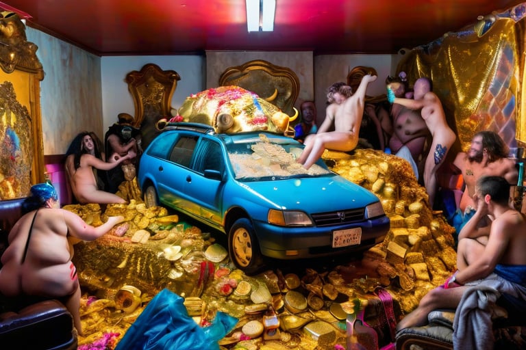 a photograph of a car surrounded by golden treasure, a fat gluttonous man sits atop the car, a wild drunken orgy is taking place around the car, art brut, fluorescent lights, melting plastic, garbage, fast wrappers, fog filled room, in the style of Delacroix's The Death of Sardanapalus , badquality