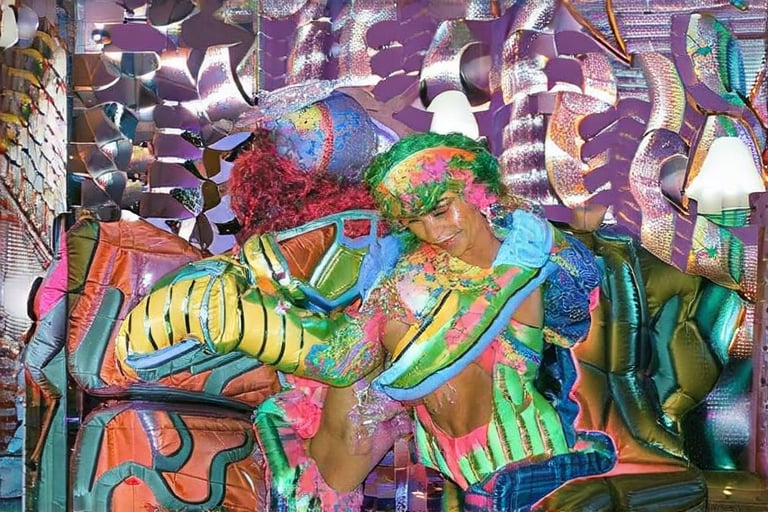 An award winning museum quality Photograph, of a man and a woman wearing multi-colored inflatable outfits, in a funky love hotel having sexual intercourse, well lit cinematic lighting, complex shadows, extremely detailed , hotshoe flash on subject, text reads:"love hotel" , 1990s Photoshop 
style, in the style of Raphael, 