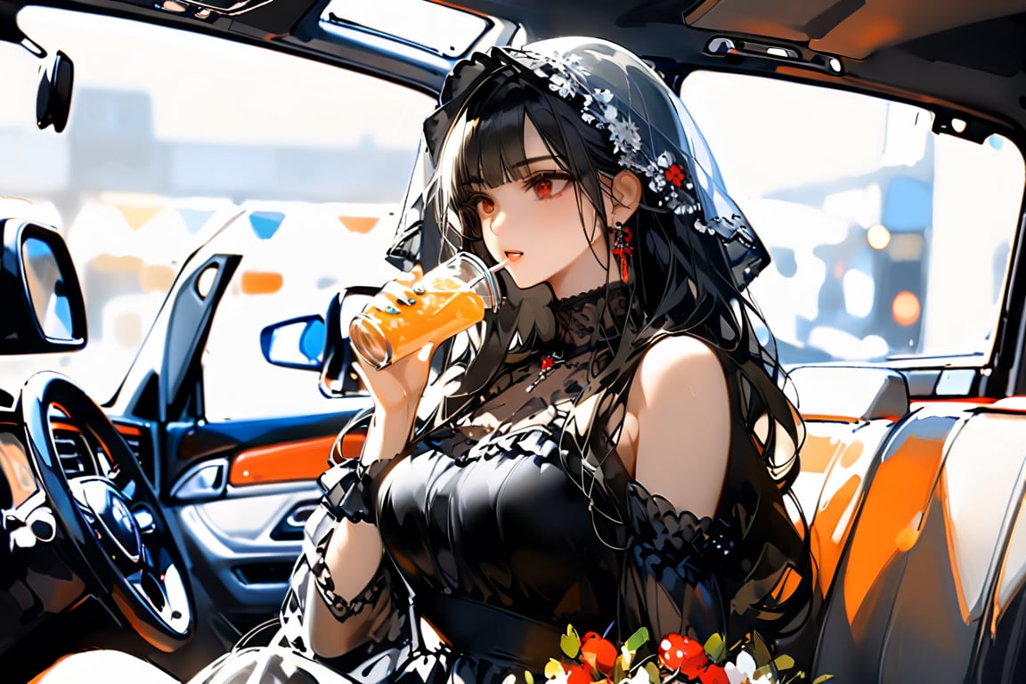 (by ningenmame:1.1), (by ciloranko:1.2),(by sho_(sho_lwlw):1.2)meta-referential art,1girl, black_hair, solo, veil, long_hair, drinking, ground_vehicle, red_eyes, holding, motor_vehicle, food, sitting, dress, see-through, car_interior, bag, bangs, car, long_sleeves, black_dress,Masterpiece, good quality,very aesthetic, absurdres, ultra-detailed,niji5,more detail XL,nodf_xl