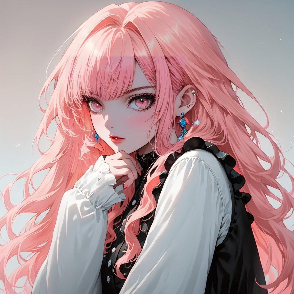 (by lam_\(ramdayo\):1.3),(by saruchitan:1.2),(by vento:1.1),newest,late,1girl, pink_eyes, pink_hair, solo, long_hair, jewelry, earrings, pink_nails, bangs, parted_lips, looking_to_the_side, sleeves_past_wrists, long_sleeves, upper_body, looking_away, wavy_hair, shirt, frills,(Masterpiece, best quality :1.4),very aesthetic, absurdres, ultra-detailed,c0l0urc0r3, bright colours, cute, candy