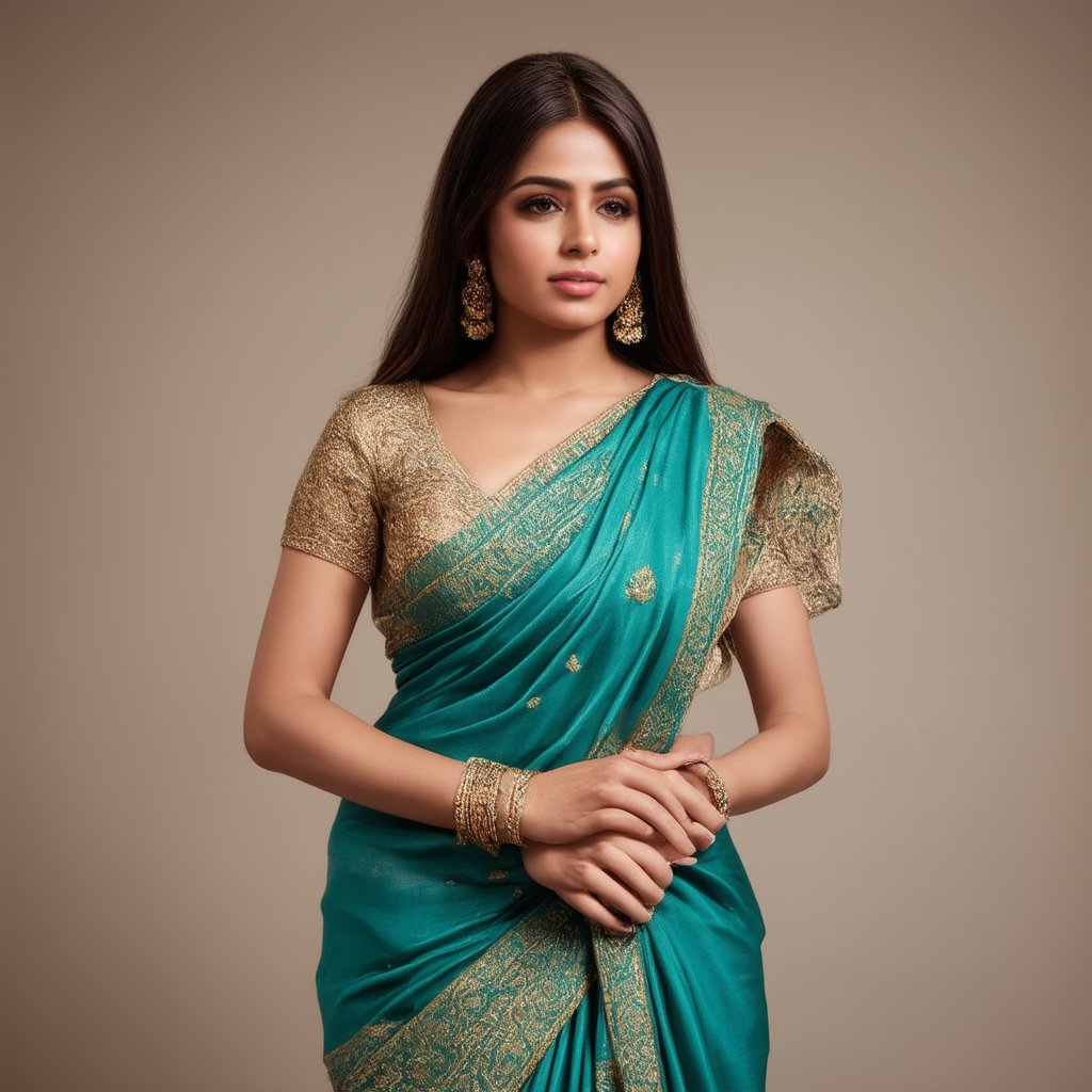 A portrait of Lakshmi Gopalaswamy, beautifully draped in a vibrant silk saree with intricate gold embroidery. The shot is framed close-up, capturing her serene expression and traditional jewelry. Soft, warm lighting highlights the rich colors of the saree, with a subtle background of a traditional Indian interior. She stands gracefully, hands folded in a respectful gesture, exuding elegance and cultural heritage.,(best quality, 4K, 8K, high-resolution, masterpiece), ultra-detailed, best detailed, details, skin detailed, photorealism, photorealistic, intricate, elegant, highly detailed, insane details, intricate details, hyper detailed