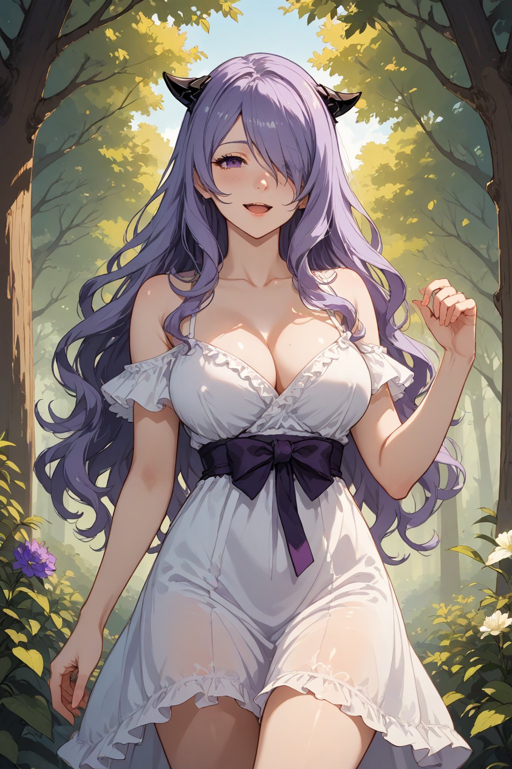 score_9, score_8_up, score_7_up, score_6_up, source_anime, score_anime, anime screencap, NSFW, uncensored, expressive eyes, perfect face, better hands, better fingers, (one hand five fingers), solo girl, Camilla, Fire Emblem, long hair, bangs, purple hair, purple eyes, large breasts, blush, smile, Open mouth, exposed thighs, ((Long_Loose_Floral_Summer_Dress)), forest 