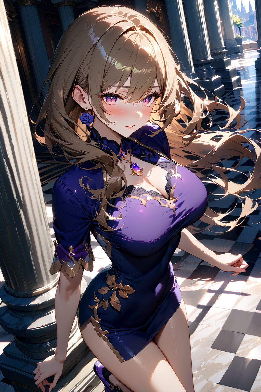 Highly detailed, high quality, masterpiece, beautiful, Lisa, Genshin impact, alternate costume, big breasts, long hair color cappuccino coffee, tight light blue dress, bare thighs, insecure look, blushing, tilted view from above, purple sneakers, background: elegant building, warm light, white and brown checkered floor, marble columns, lamps on the wall, eyes green, bare head