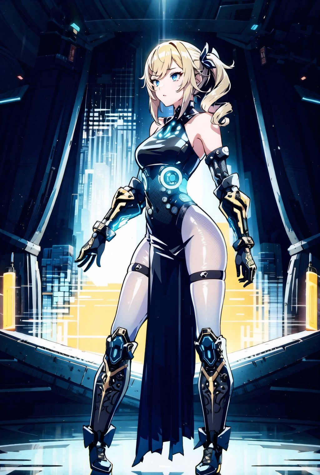 Sexy girl, Barbara, Genshin impact, small, petite build, ash blonde hair, blue eyes, alternate costume, A hauntingly alluring girl with cybernetic enhancements, her delicate features enhanced by dark, shimmering metallic protrusions and glowing neon accents woven into her flowing hair. This concept art depicts her standing amidst a barren wasteland, her piercing eyes gazing into a distant horizon. The image is a digitally-rendered painting, brimming with intricate details and vibrant colors that pop against the stark background. The level of detail and the blend of futuristic and fantastical elements make this artwork a visually striking masterpiece, inviting viewers to immerse themselves in the mysterious world.,Cyberpunk style props,cyberpunk