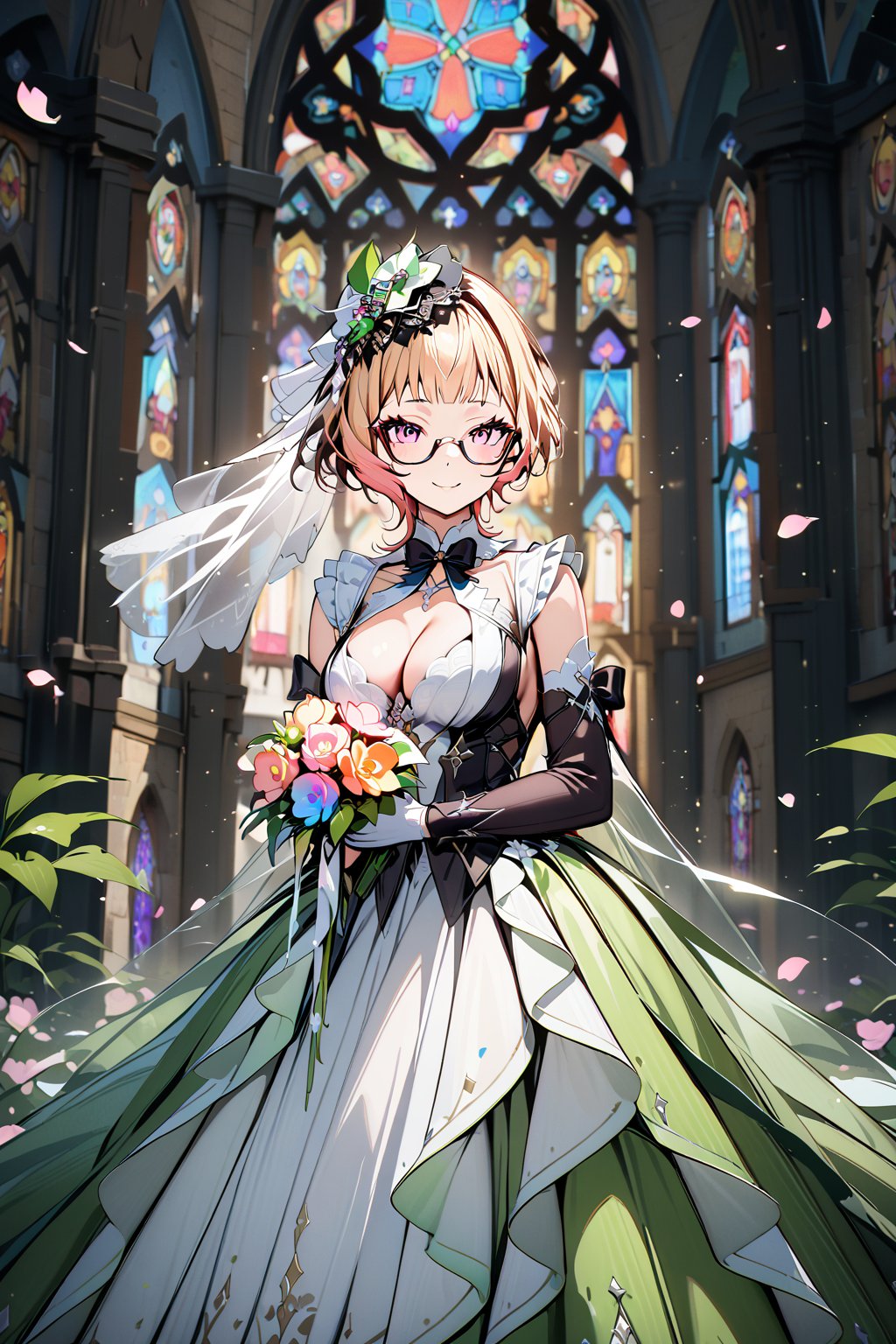 ((top-quality)), ((​masterpiece)), ((ultra-detailliert)), (extremely delicate and beautiful), Digital art,1 girl, smile, (((black glasses:1.3))), shiny hair, lustrous skin, blush, black short hair, blunt bangs, (higher ditailed princess line wedding dress), (higher ditailed wedding veil), cleavage, beautiful collarbone, (holding a bouquet of colorful flower), (Beautiful church background with stained glass), (petals:1.3), Big breast 