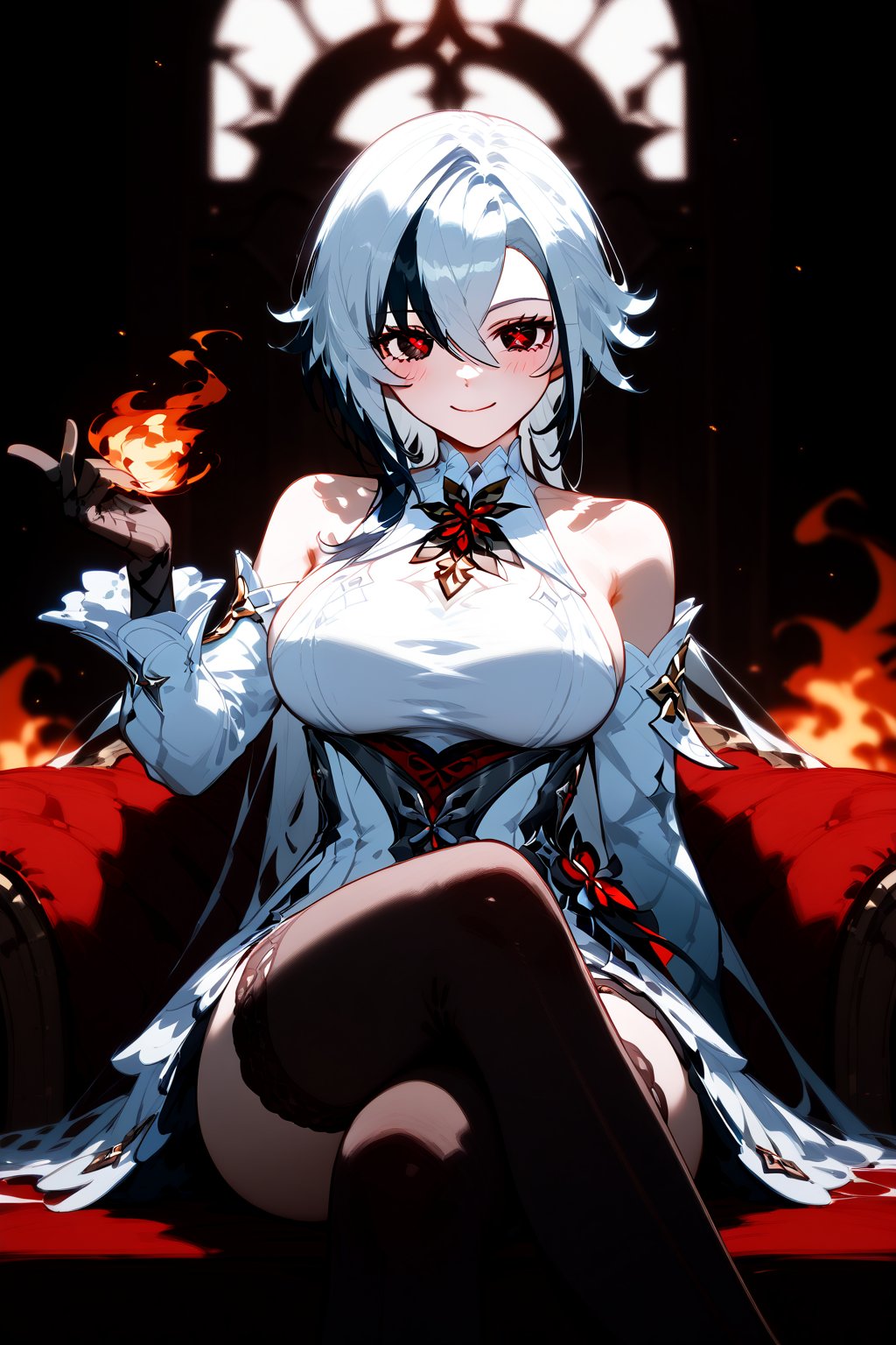 1girl, solo, long hair, Arlecchino, Genshin impact, looking at viewer, blush, smile, bangs, large breasts, double layered hair, thighhighs, gloves, dress, holding, original hair style, bare shoulders, sitting, black eyes, red x-shaped pupils, white hair with black, black thighhighs, white dress, crossed legs, fire, single glove, vivid color, masterpiece, best quality, amazing quality, very aesthetic, absurdres, depth of field, score_9, score_8, score_7, score_6,sexy girl,1girl