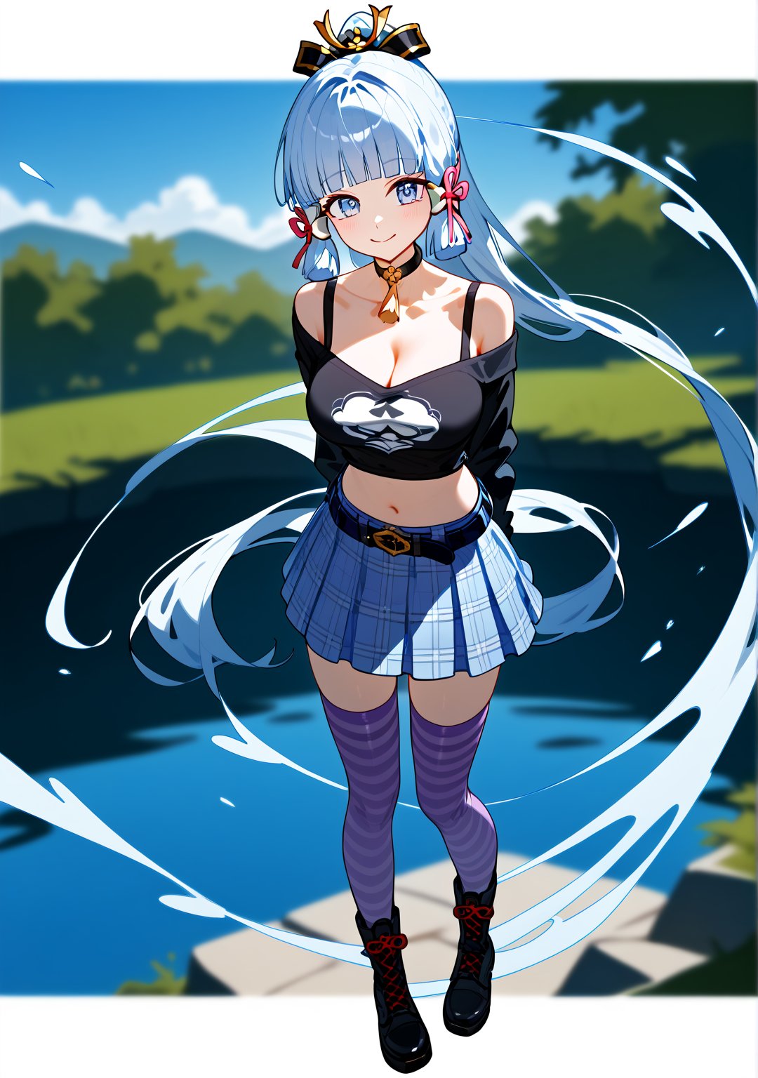 1girl, solo, long hair, ayaka kamisato, Genshin impact, blunt bangs, blue eyes, blue hair, hair ornament, hair ribbon, hair tubes, long hair, ponytail, tress ribbon, large breasts, Smile, looking at viewer, skirt, shirt, thighhighs, navel, bare shoulders, standing, collarbone, full body, short sleeves, boots, alternate costume, choker, midriff, striped, belt, miniskirt, off shoulder, black footwear, zettai ryouiki, crop top, parted bangs, plaid, black shirt, plaid skirt, arms behind back, casual, striped thighhighs, purple skirt, off-shoulder shirt, purple thighhighs, vivid color, masterpiece, best quality, amazing quality, very aesthetic, absurdres, depth of field, score_9, score_8, score_7, score_6,sexy girl,1girl