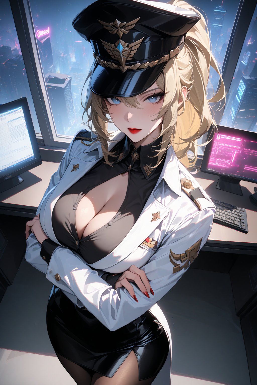 masterpiece, best quality, absurdres, very aesthetic, ((she judging you silently)), 1girl, solo, milf, Jean, Genshin impact, alternate costume, blond hair, medium hair, original hair style, Ponytail, gray-blue eyes, large breasts, standing, emotionless expression, [red lips:0.4], cleavage, white jacket, long jacket, black shirt, pantyhose, black pencil skirt with side slit, ((military_uniform, military hat)), 8k UHD, arms_crossed, niji6, ((male POV)), head tilted right, ((close up to you, from above)), BREAK, masterpiece, best quality, window, office room, night, cyberpunk city, neon light, computers, indoors