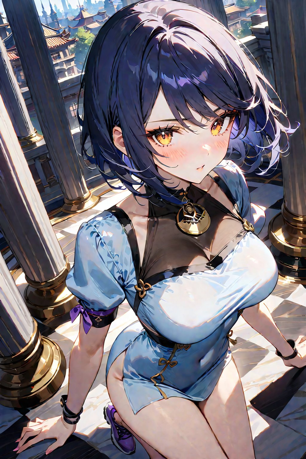 Highly detailed, high quality, masterpiece, beautiful, kujou Sara, Genshin impact, alternate costume, big breasts, short indigo hair, tight light blue dress, bare thighs, insecure look, blushing, tilted view from above, purple sneakers, background: elegant building, warm light, white and brown checkered floor, marble columns, lamps on the wall,ku70u5a4a, golden eyes, bare head