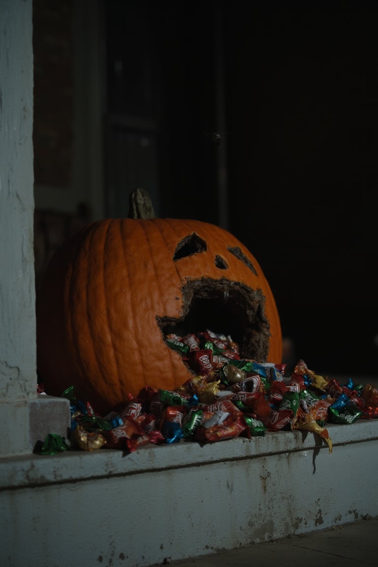 A dark, disturbing close-up image of a rotting jack-o-lantern, (collapsed, unlit and decayed) sitting on the porch of an abandoned house. ((Out of the mouth and scattered nearby are large amounts of wrapped halloween candy)). A beetle is crawling over the candy. It is night, and the dimly-lit scene is dark and foreboding.,DRK