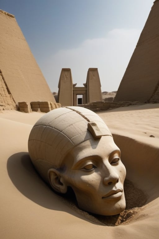 A majestic masterpiece: Amidst a vast desert expanse, a highly detailed, crumbling (((headless))) stone statue of an ancient pharaoh lies in ruin. (((The broken head lies on the ground cocked at an angle))), gazes directly at the viewer, its intricate anatomy still precise and accurate. In the background, ancient Egyptian ruins are shrouded in sand dunes, a testament to forgotten civilizations.,ancient egyptian style