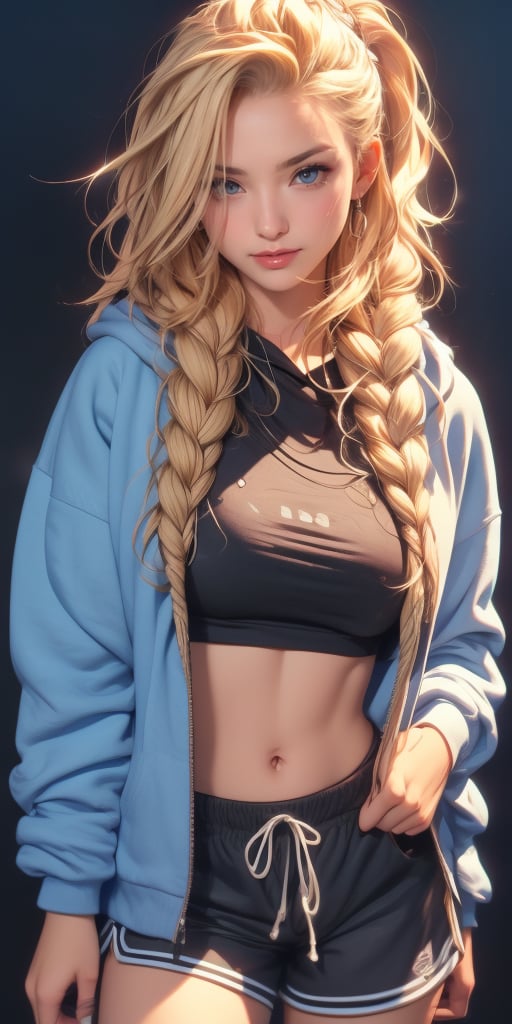 4k,best quality,masterpiece,20yo 1girl(blonde,medium breasts, hair in braided ponytail,athletic build, american girl, midwestern girl, girl-next-door good looks, blue eyes,((blonde short hair with long locks:1.2)))(cropped blue sweatshirt),(demin shorts), alluring smile, open blue hoodie,

(Beautiful and detailed eyes),
Detailed face, detailed eyes, double eyelids ,real hands, semi visible stomach,  blonde hair, medium breatsts, blue eyes, black background,


real person, color splash style photo,
