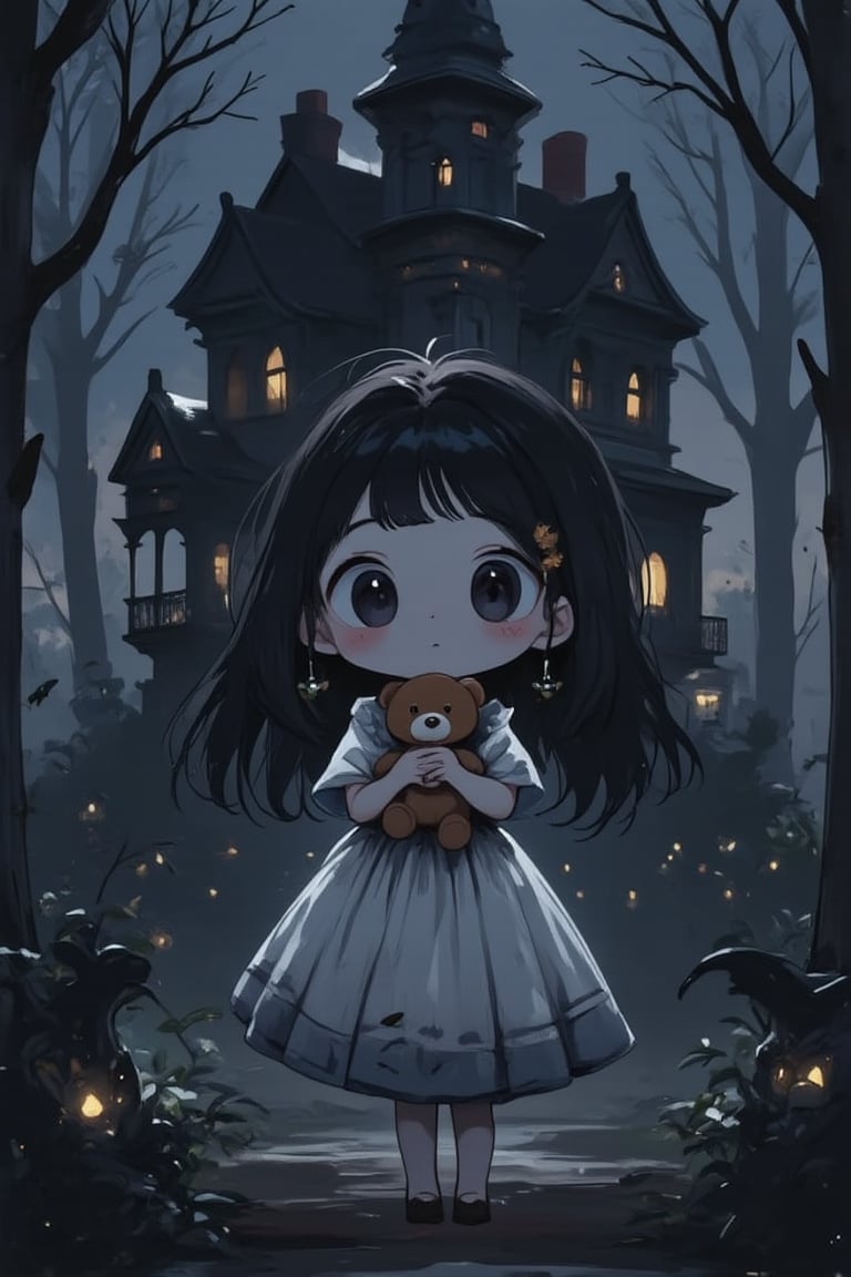 score_9, score_8_up, masterpiece, cute, anime, chibi, 1girl(black blank eyes, white skin, long dark hair, expressionless, wearing a nightgown, holding a teddybear) standing in a dark old haunted house