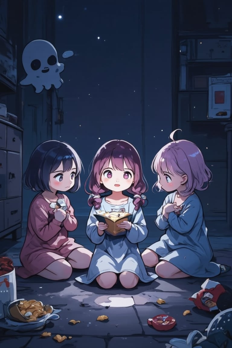 score_9, score_8_up, masterpiece, cute, anime, chibi, 3 girls(different hair colors and styles) kneeling on the ground in a dark bedroom. 1girl(holding a flashlight under her face to illuminate her face, suspenseful look, face illuminated from below, mouth open as if telling a story,nightgown) is telling a spooky ghost story to 2 other girls who are clutching pillows. They are all wide-eyed because of the scary story. The background is a dark girl's room at night during a sleepover. an open bag of potato chips and candy wrappers are on the ground near them.