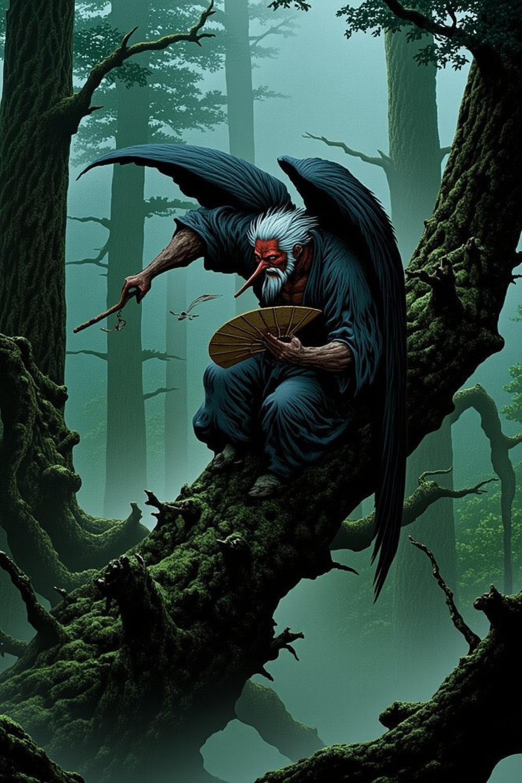 Tengu,  traditional japanese yokai ,  yokai in misty mountain forest by Anjin1970 on Tensor.Art